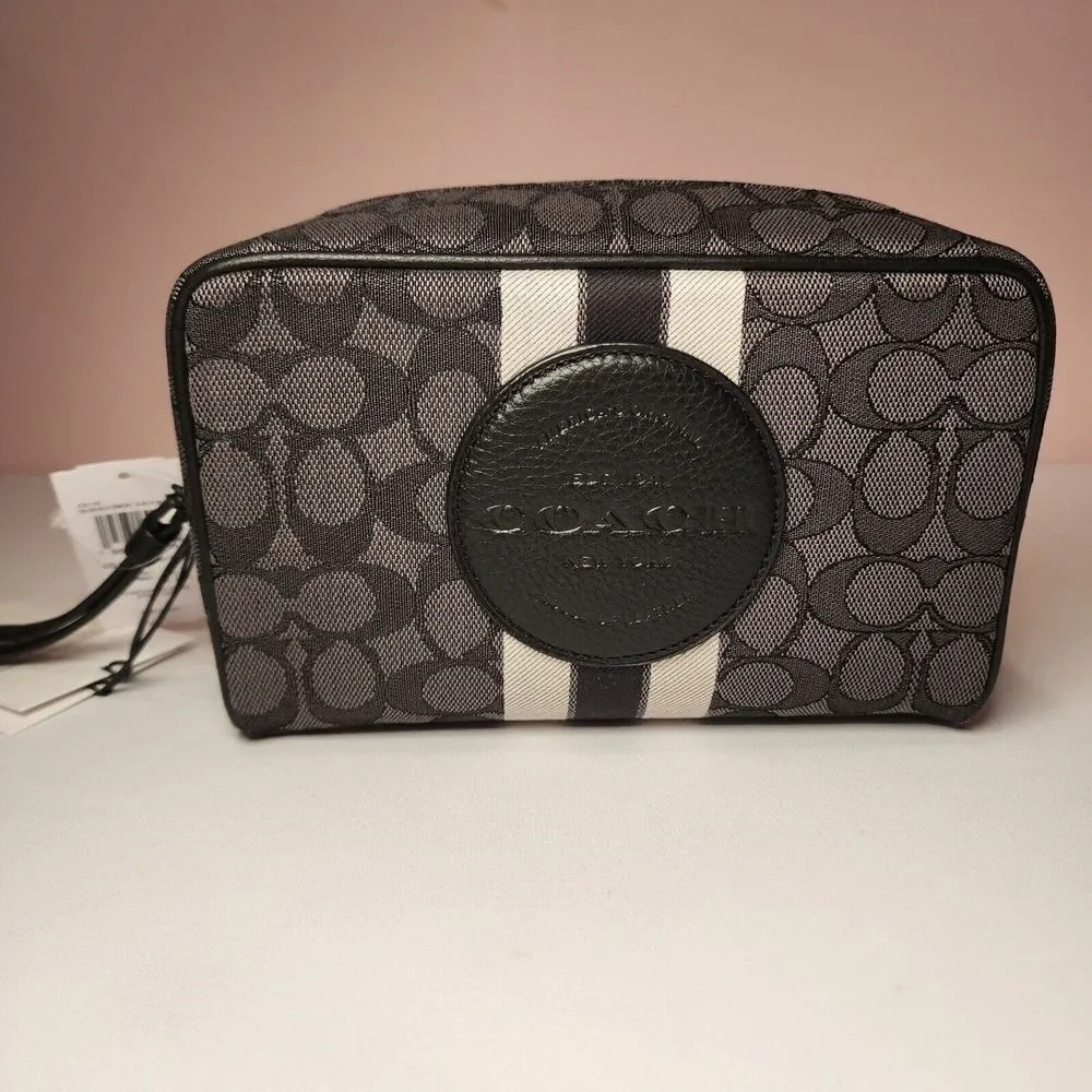 Coach Black and Gray Signature Stripe Cosmetic Case